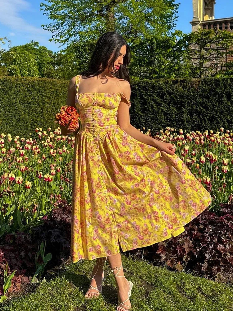 Vestido Floral Corset Botões Cami