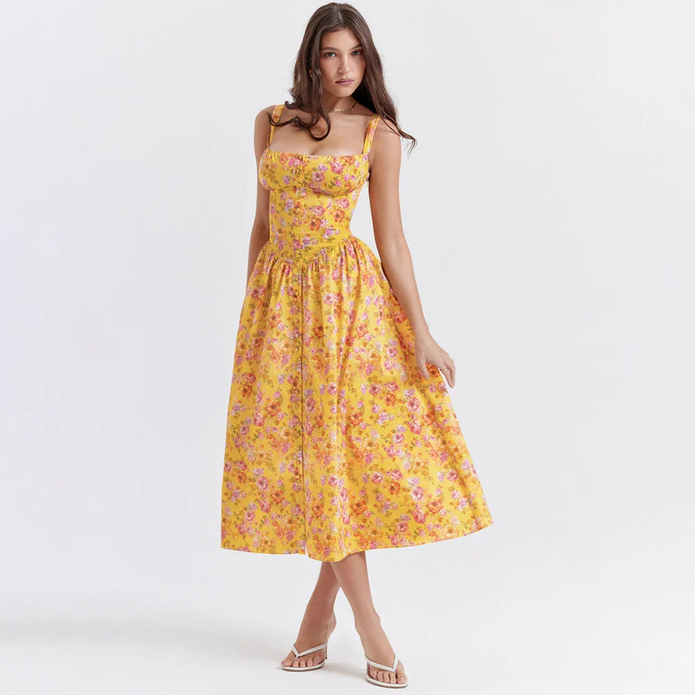 Vestido Floral Corset Botões Cami